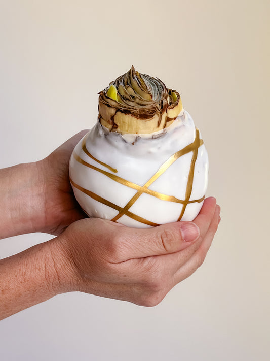 White & Gold Splatter with Red Blooms